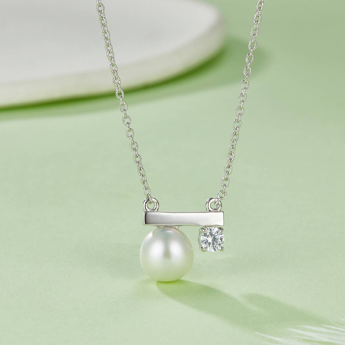DSYP13款一字平衡木S925银镀白金淡水珍珠Pendant8.0MM