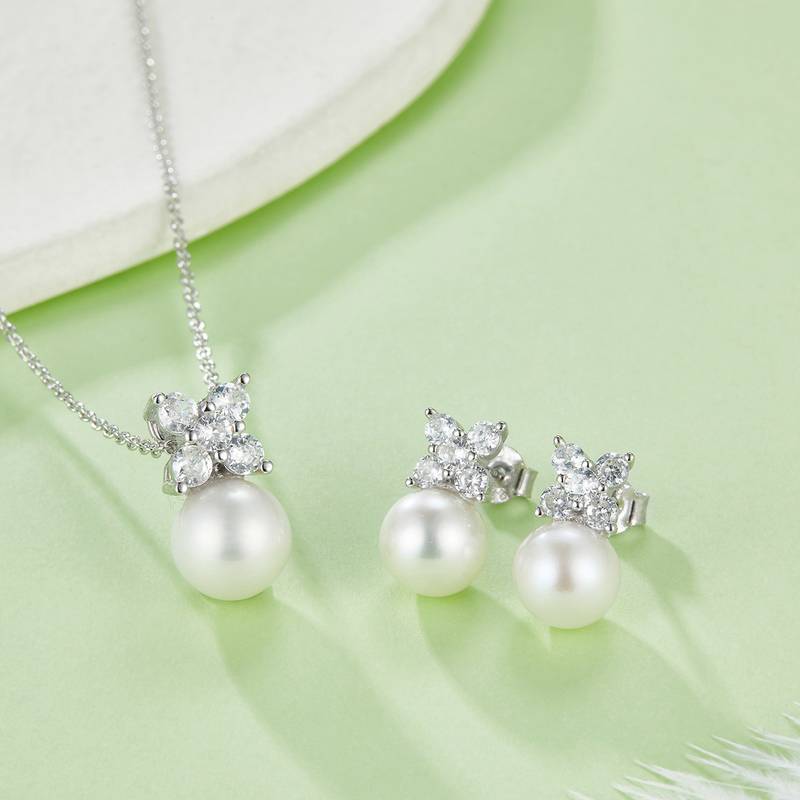 DSYP14珍珠套装S925银镀白金PendantStud Earring淡水珍珠