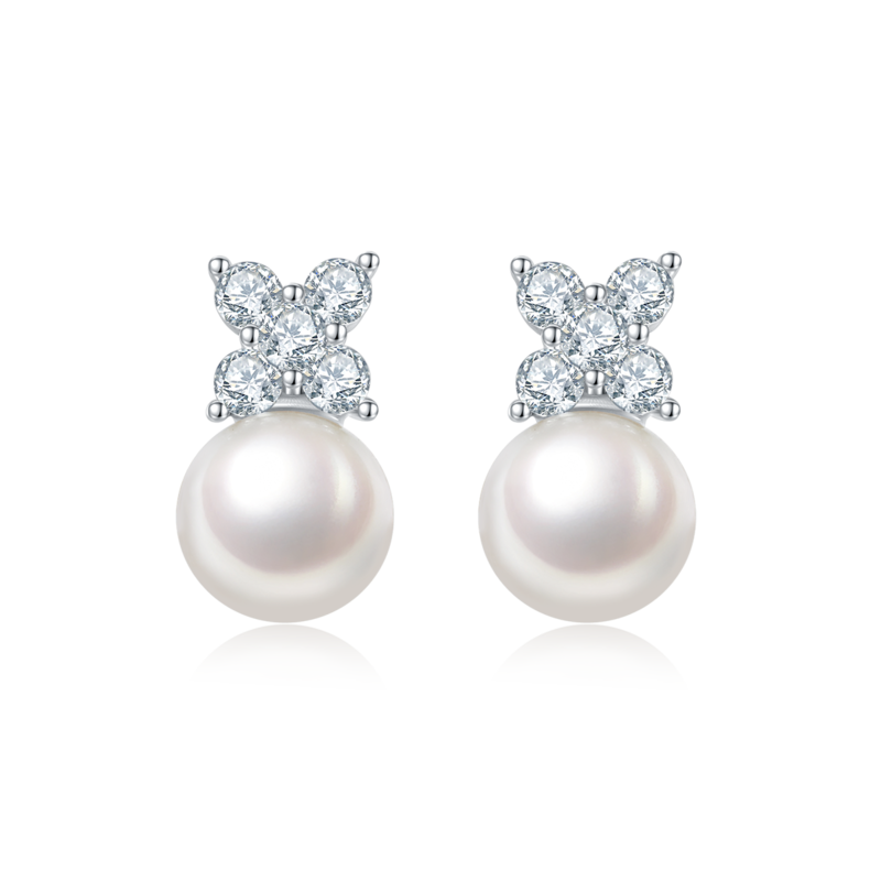 DSYP14珍珠套装S925银镀白金PendantStud Earring淡水珍珠