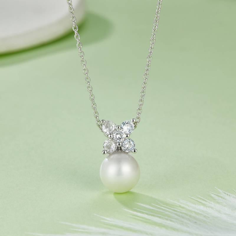 DSYP14珍珠套装S925银镀白金PendantStud Earring淡水珍珠