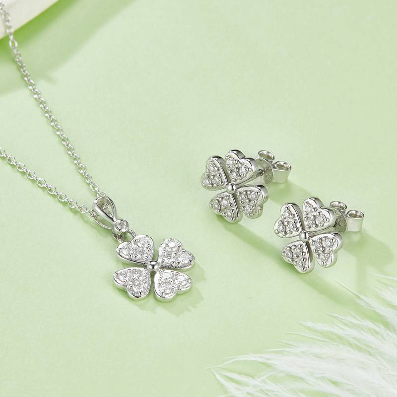 DSYP25四叶草S925银镀白金Moissanite厘石PendantStud Earring套装0.38ct/0.6ct