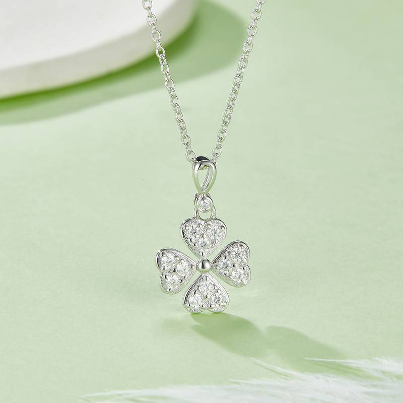 DSYP25四叶草S925银镀白金Moissanite厘石PendantStud Earring套装0.38ct/0.6ct