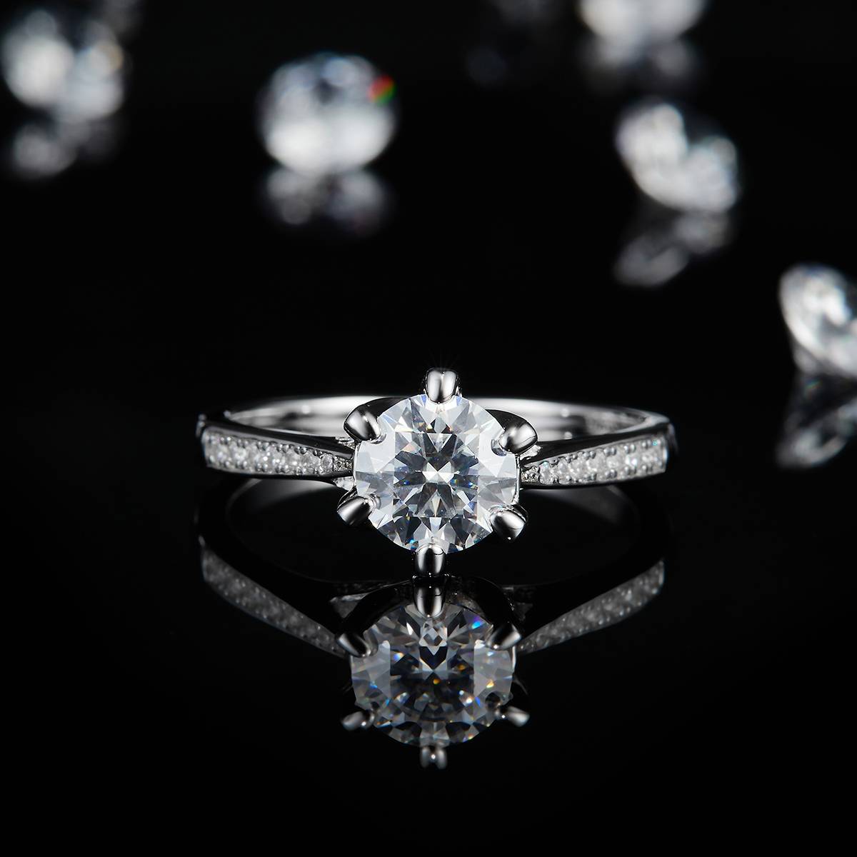Micro inlaid Six Claw Women's Ring S925 Silver Plated Platinum Customized Selection Main Stone Moissanite Diamond 1.0ct/Secondary Stone High Carbon Diamond
