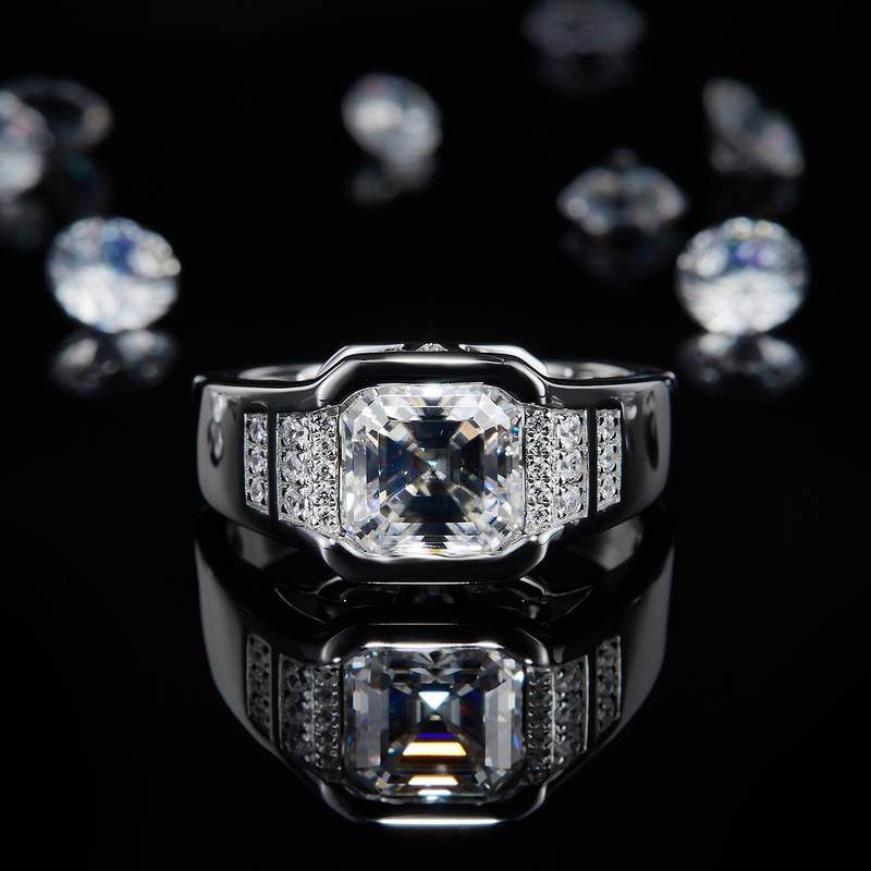 霸气款阿斯切Men's RingS925银镀白金定制选款主石Moissanite2.5ct/副石高碳钻