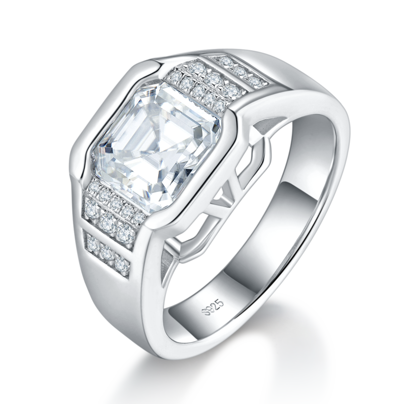 霸气款阿斯切Men's RingS925银镀白金定制选款主石Moissanite2.5ct/副石高碳钻