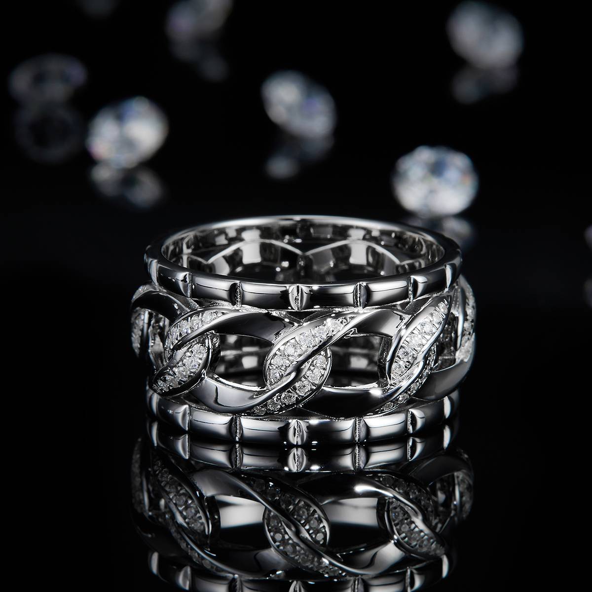 Interlocking Ring S925 Silver Plated Platinum Men's Ring Customized Selection Side Stone Moissanite 0.39ct
