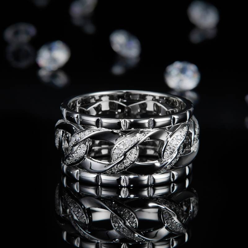 环环相扣排戒S925银镀白金Men's Ring定制选款副石Moissanite0.39ct