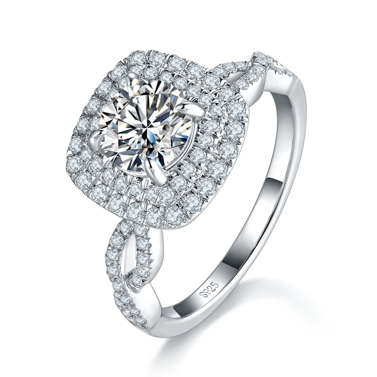 Twisted arm double-layer round bag women's ring S925 silver plated platinum customized selection Moissanite 1.0ct/Side Stone Cubic Zirconia