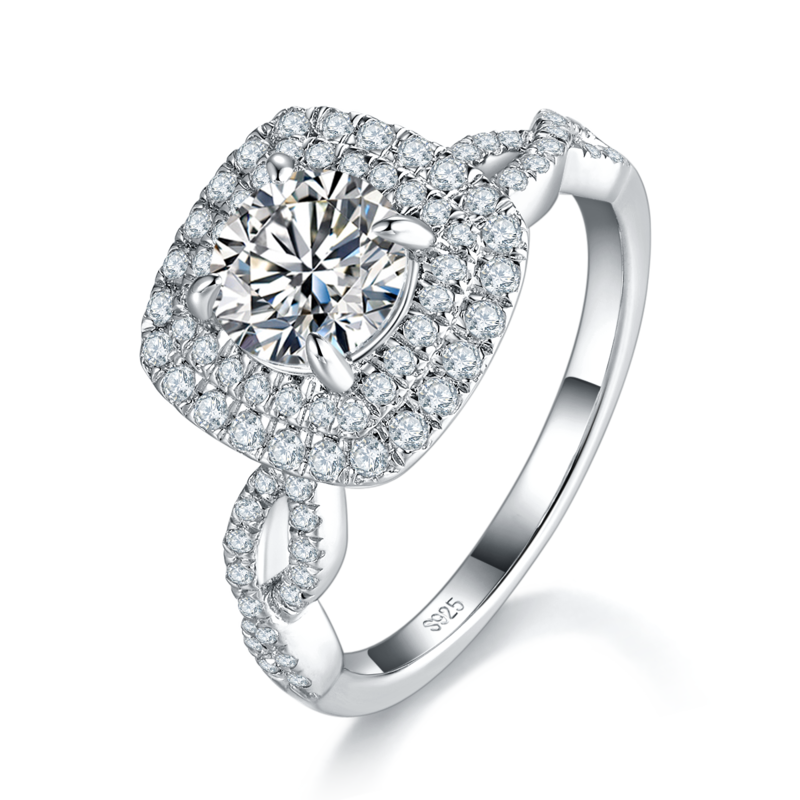 扭臂双层圆包Women's RingS925银镀白金定制选款Moissanite1.0ct/副石高碳钻