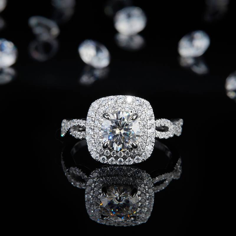 扭臂双层圆包Women's RingS925银镀白金定制选款Moissanite1.0ct/副石高碳钻