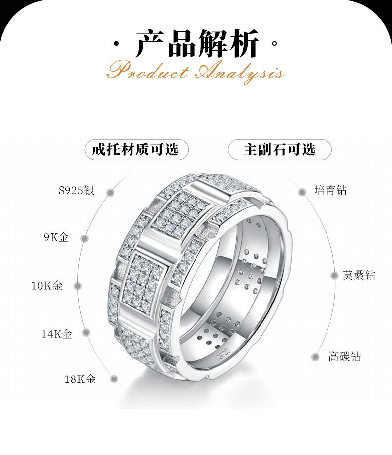 豪华款排戒S925银镀白金男戒定制选款副石莫桑钻1.1ct - 2