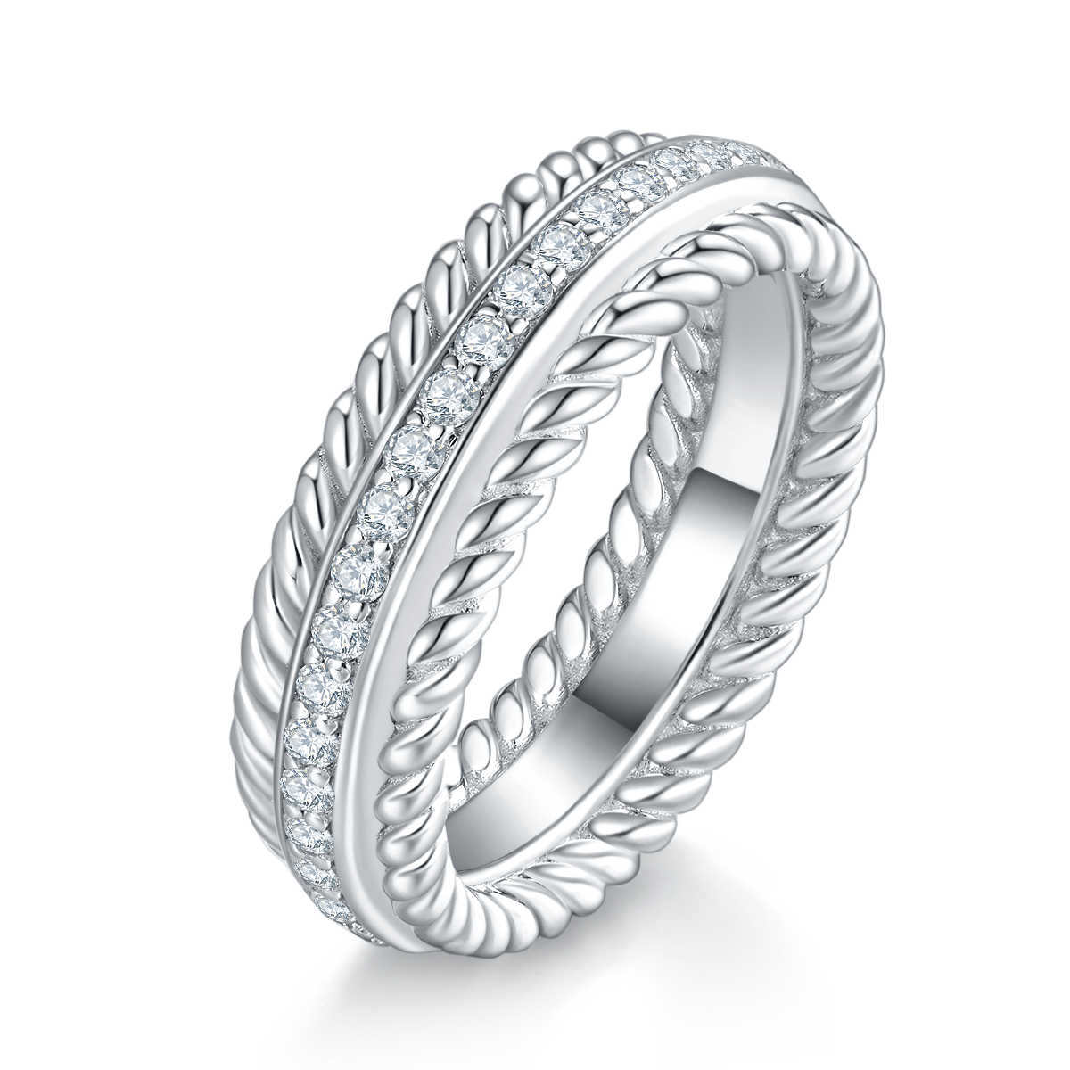 Fashion lined S925 silver plated platinum men's ring custom selection Side Stone Moissanite 0.75ct