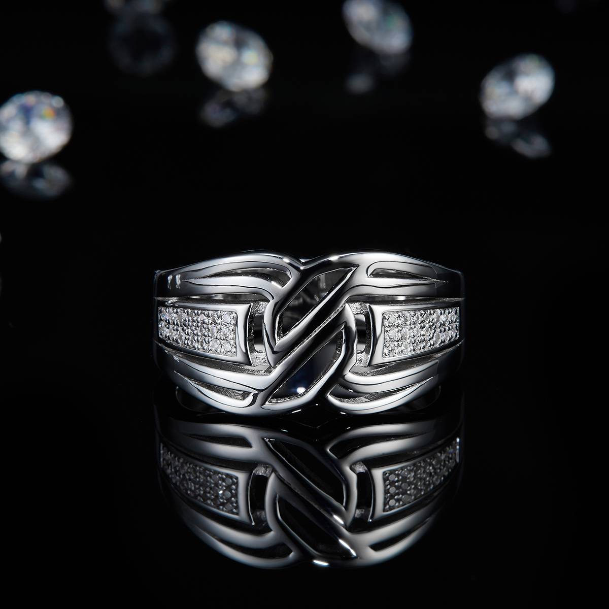 S925银镀白金男戒定制选款副石莫桑钻0.16ct