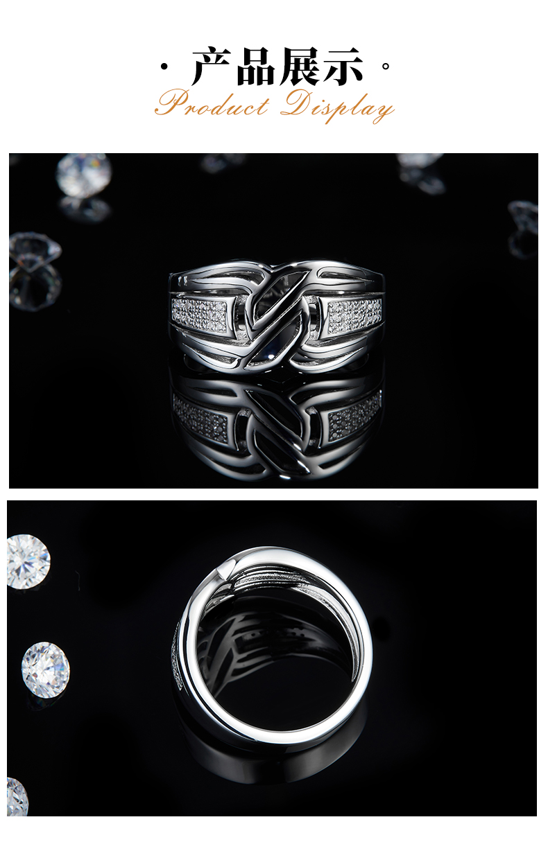 S925银镀白金男戒定制选款副石莫桑钻0.16ct - 3