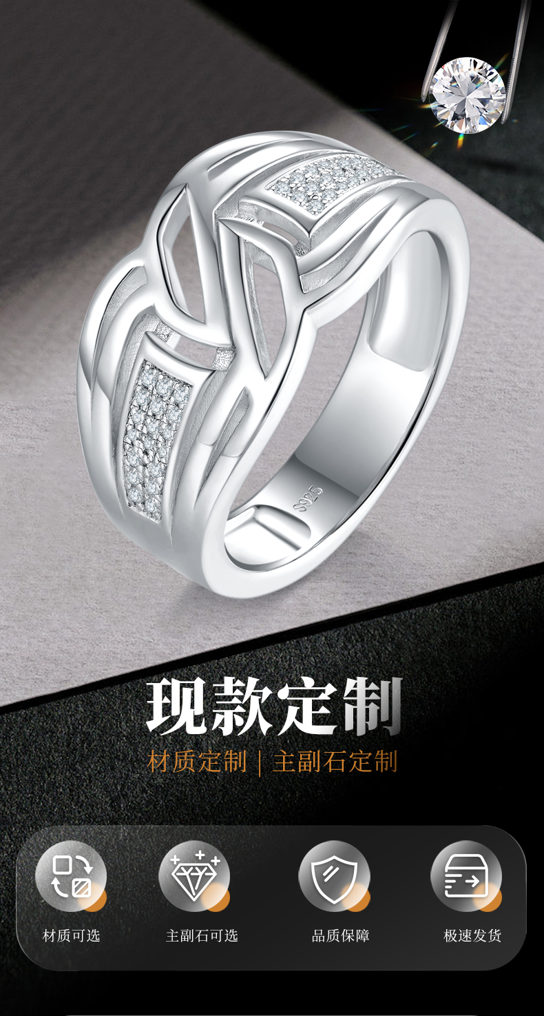 S925银镀白金男戒定制选款副石莫桑钻0.16ct - 1