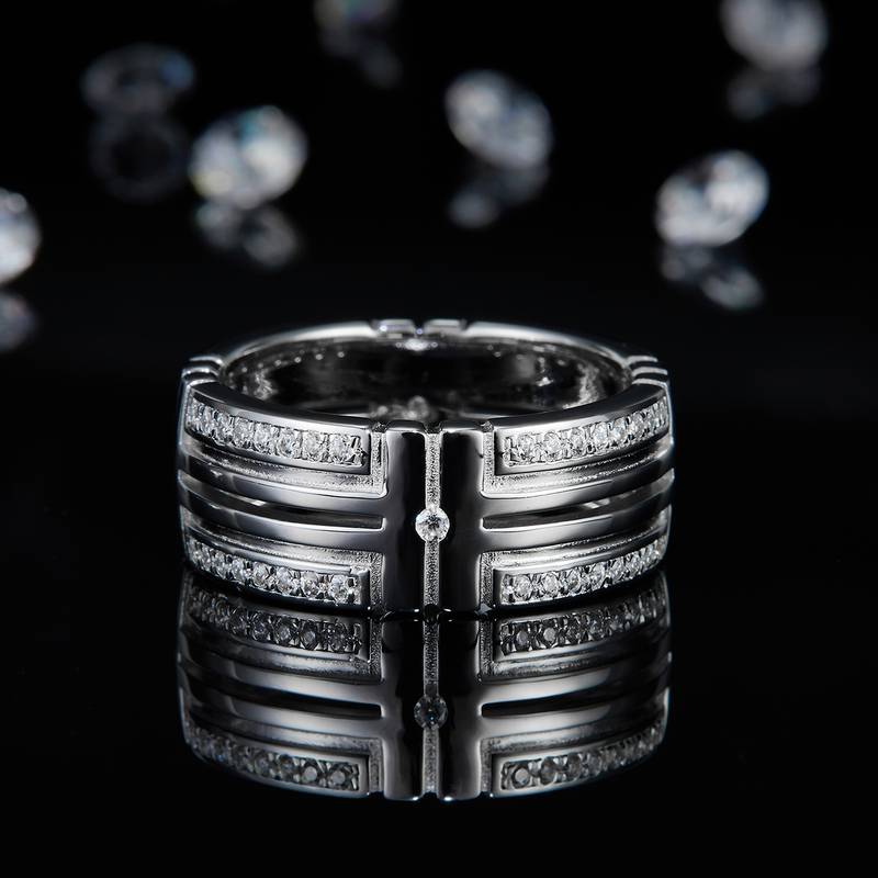 男士Fashion风排戒S925银镀白金Men's Ring定制选款副石Moissanite0.6ct