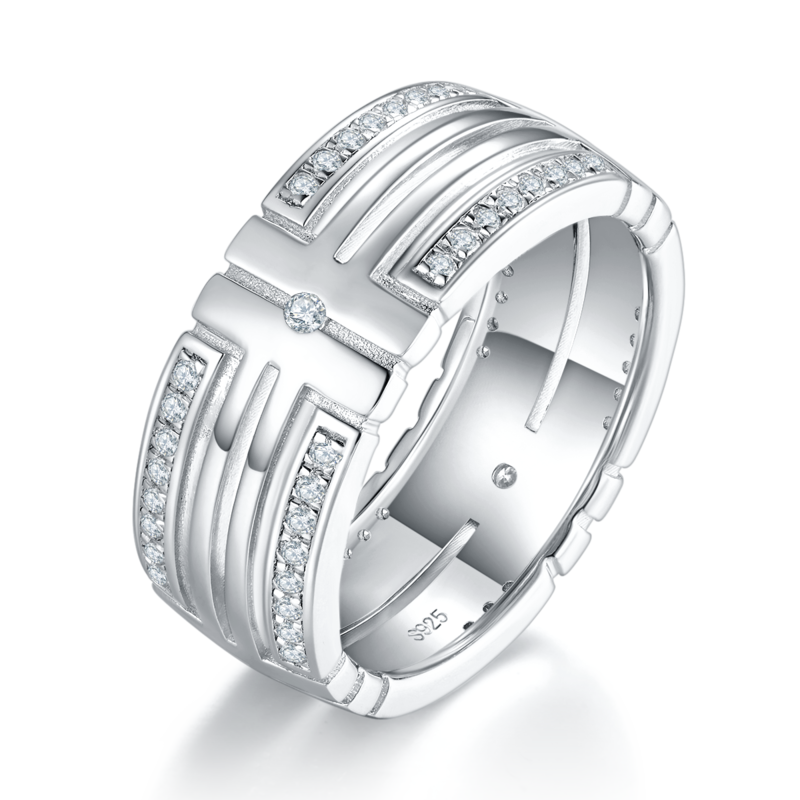 男士Fashion风排戒S925银镀白金Men's Ring定制选款副石Moissanite0.6ct