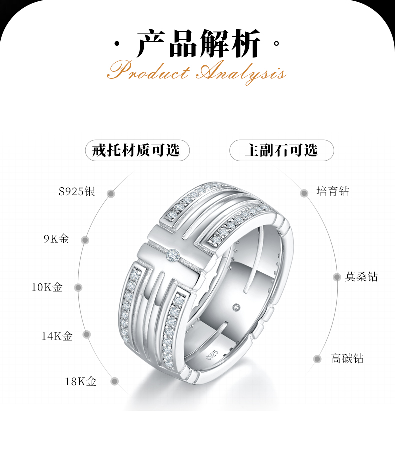 男士时尚风排戒S925银镀白金男戒定制选款副石莫桑钻0.6ct - 2