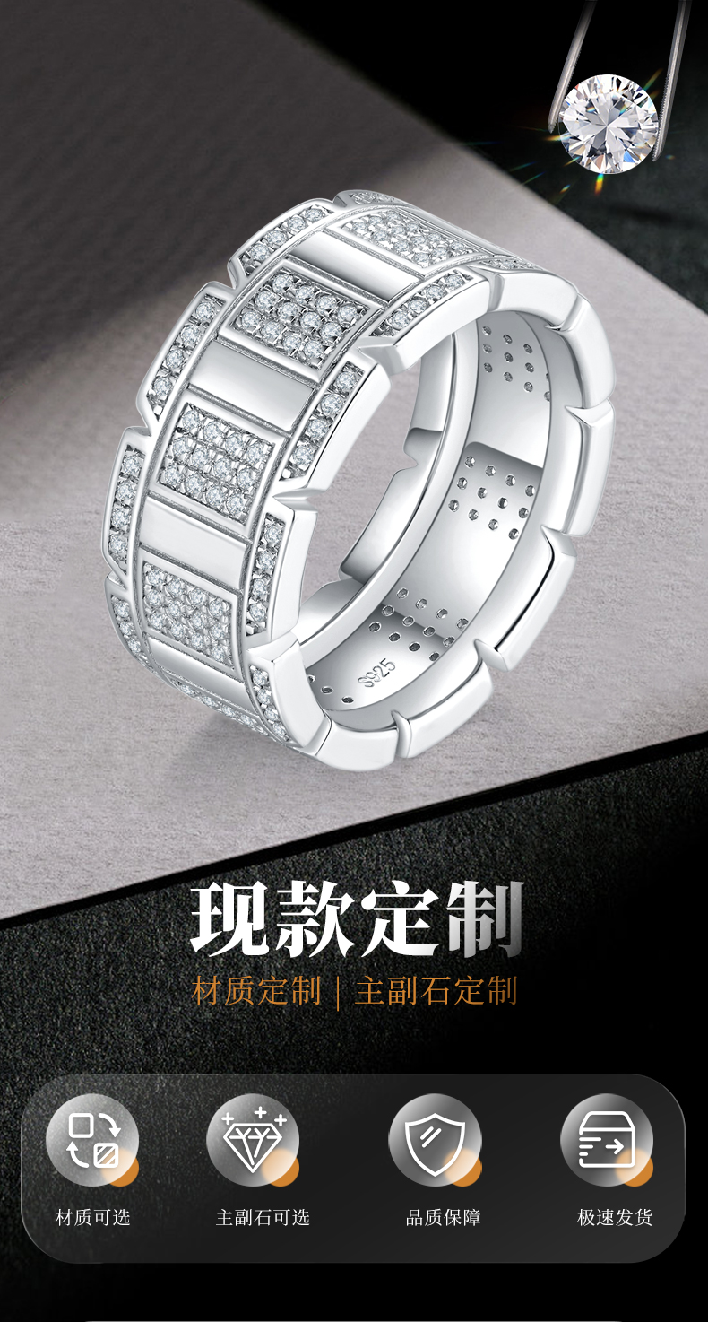 轻奢男戒S925银镀白金定制选款副石莫桑钻1.0ct - 1