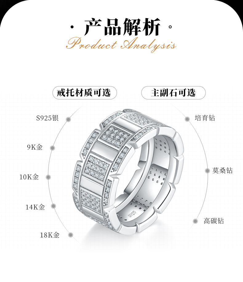 轻奢男戒S925银镀白金定制选款副石莫桑钻1.0ct - 2