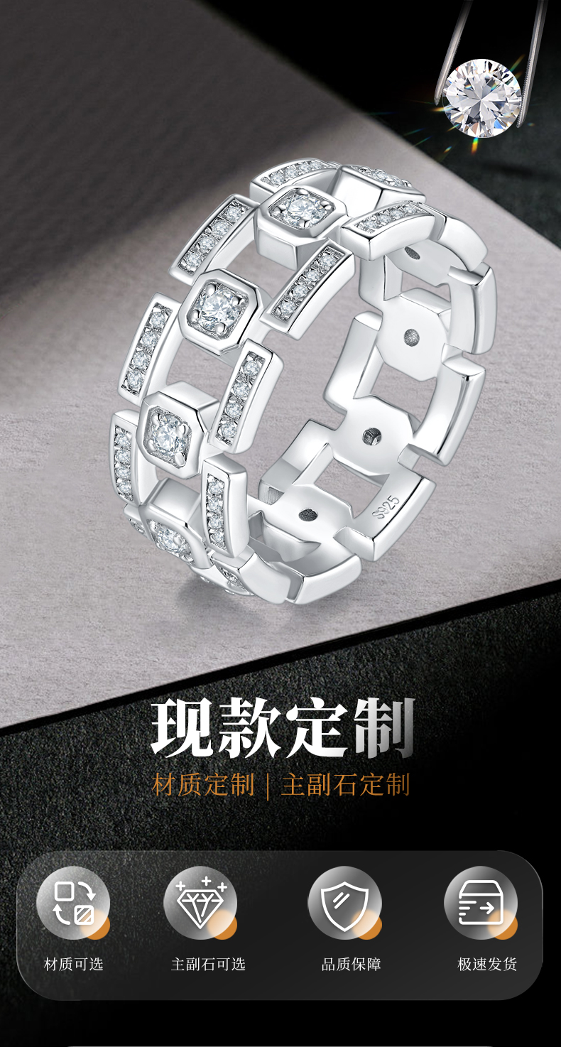 轻奢风男戒S925银镀白金定制选款副石莫桑钻0.85ct - 1