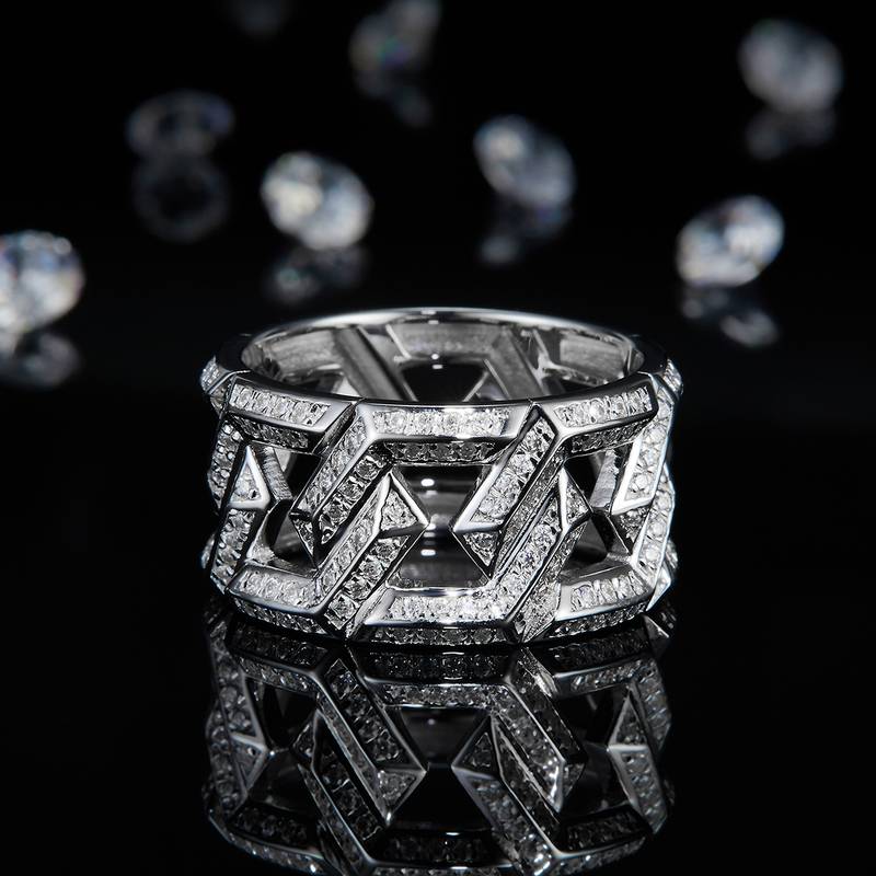 满钻Fashion男款S925银镀白金Men's Ring定制选款副石Moissanite0.79ct