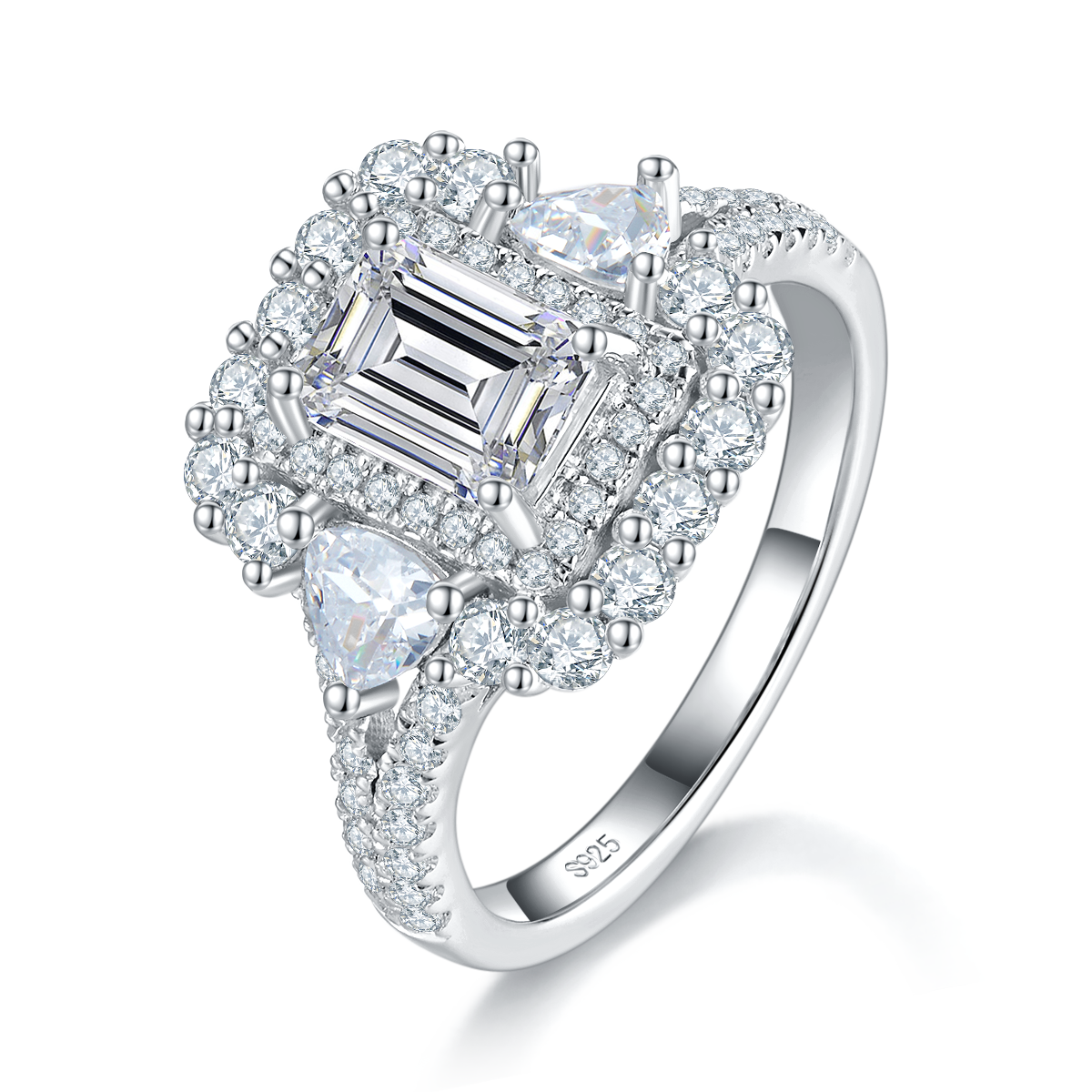 Light Luxury Emerald Cut Women's Ring S925 Silver Plated Platinum Customized Selection Main Stone Moissanite 1.0ct/Side Stone Cubic Zirconia