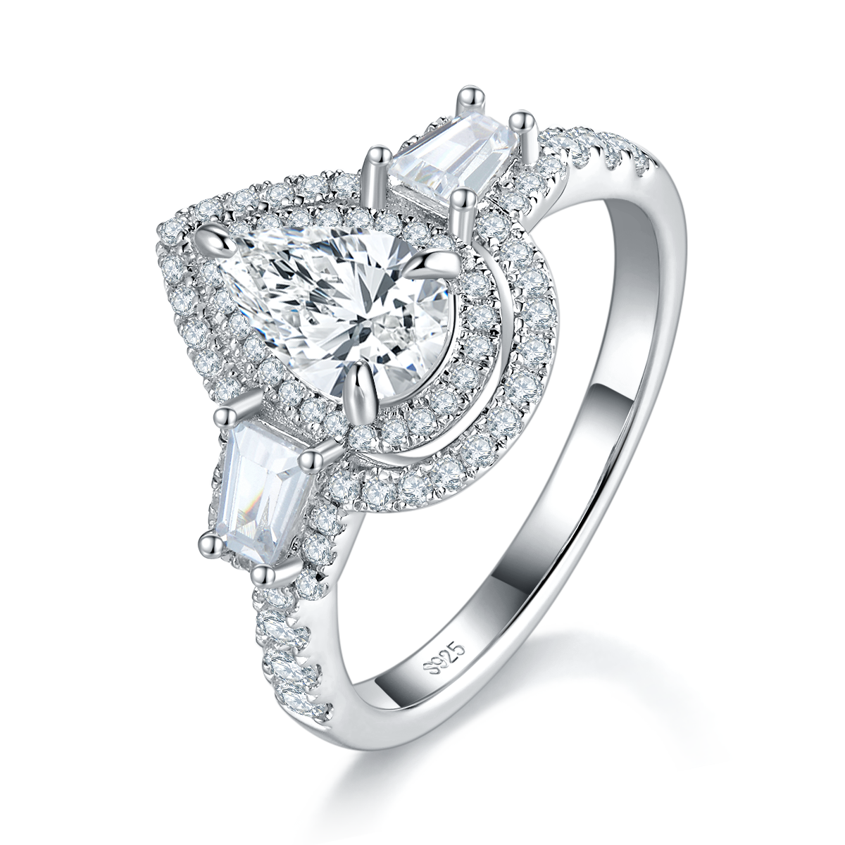 三石款梨形女戒S925银镀白金定制选款主石莫桑钻1.0ct/副石高碳钻
