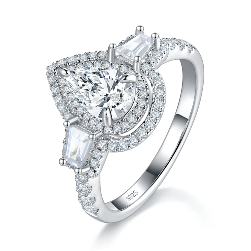 三石款梨形Women's RingS925银镀白金定制选款主石Moissanite1.0ct/副石高碳钻