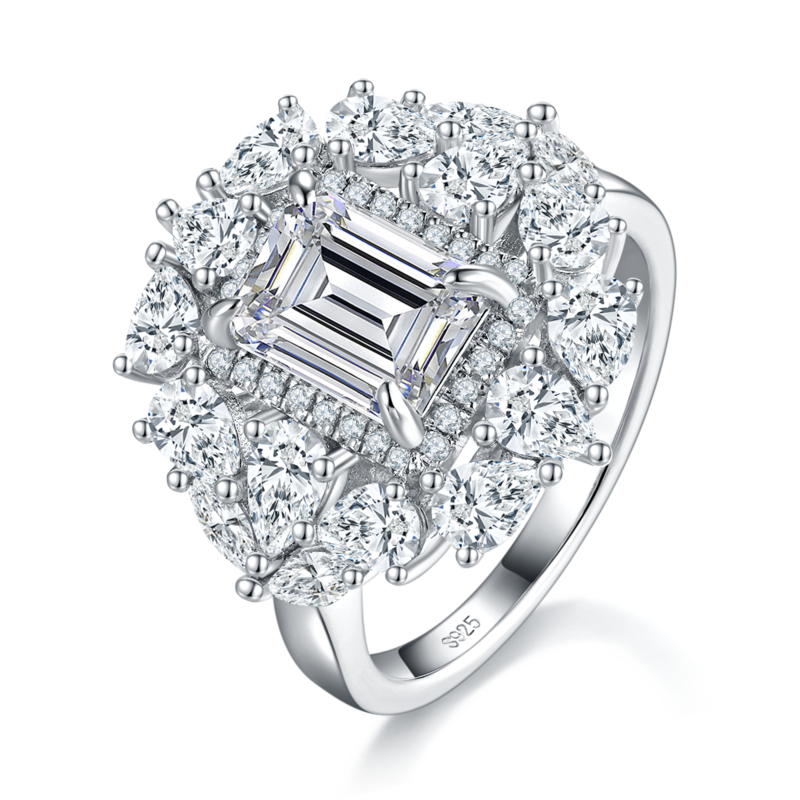豪华款梨形小钻围镶方钻Women's RingS925银镀白金定制选款主石Moissanite1.5ct/副石高碳钻