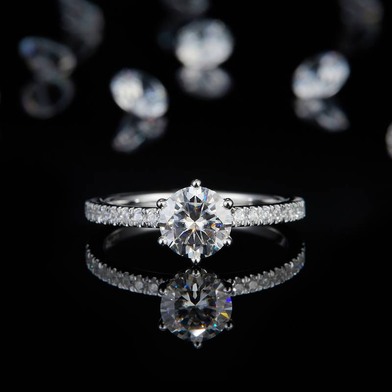 六爪Women's RingS925银镀白金定制选款主石Moissanite1.0ct/副石高碳钻