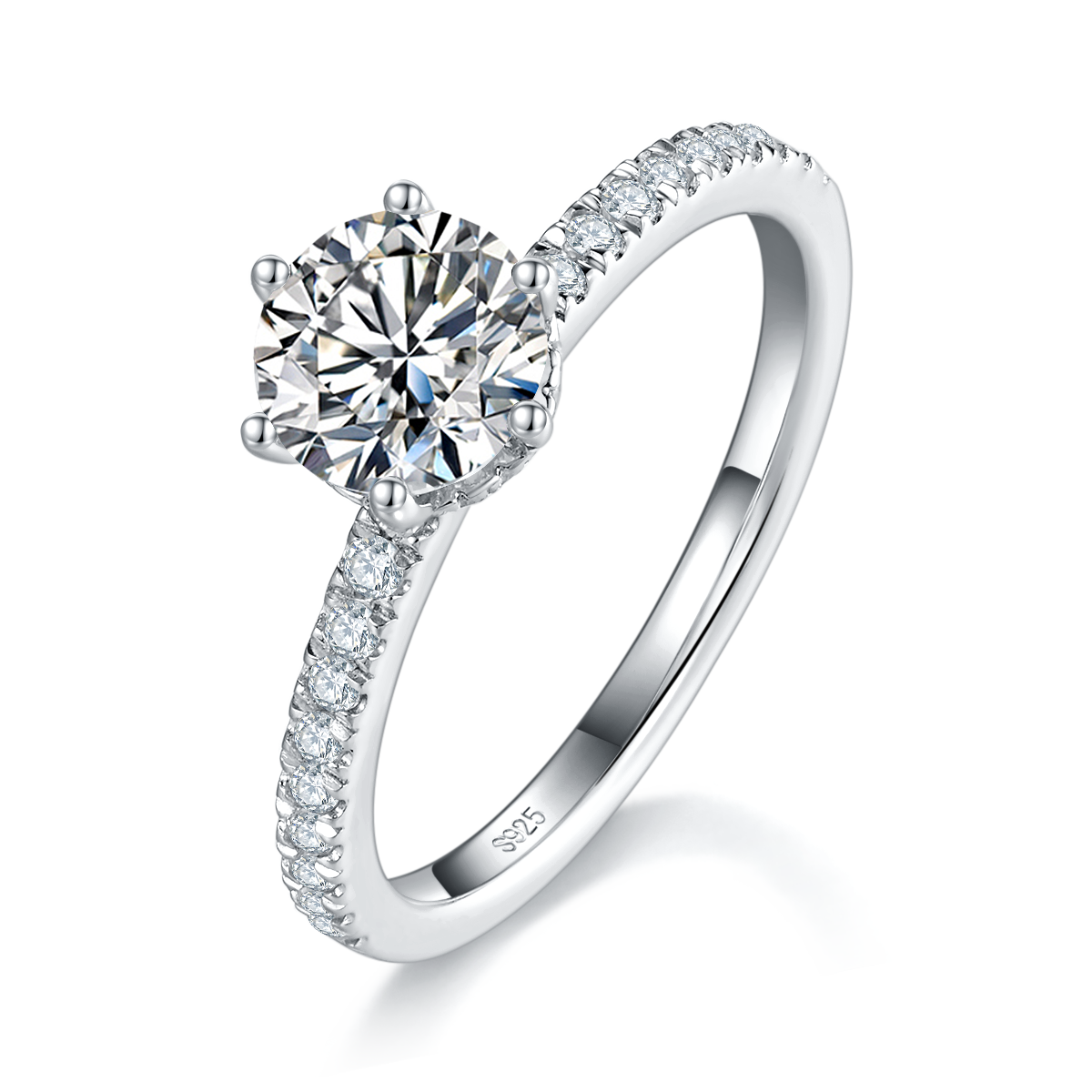 Six Claw Women's Ring S925 Silver Plated Platinum Customized Selection Main Stone Moissanite 1.0ct/Side Stone Cubic Zirconia