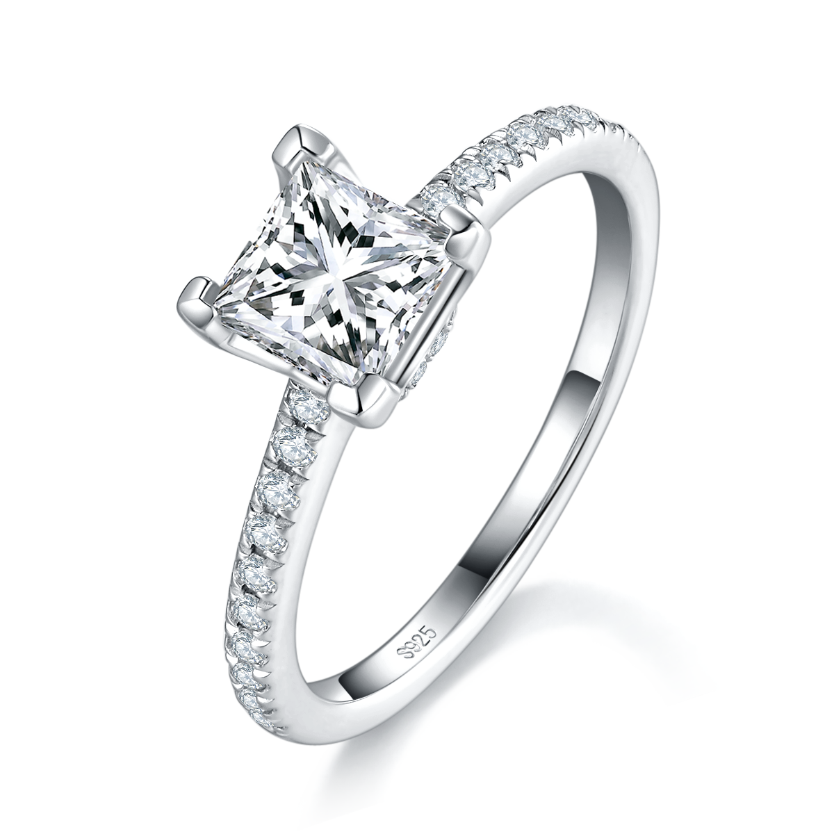 Simplified Square Diamond Women's Ring S925 Silver Plated Platinum Customized Selection Main Stone Moissanite 1.0ct/Side Stone Cubic Zirconia