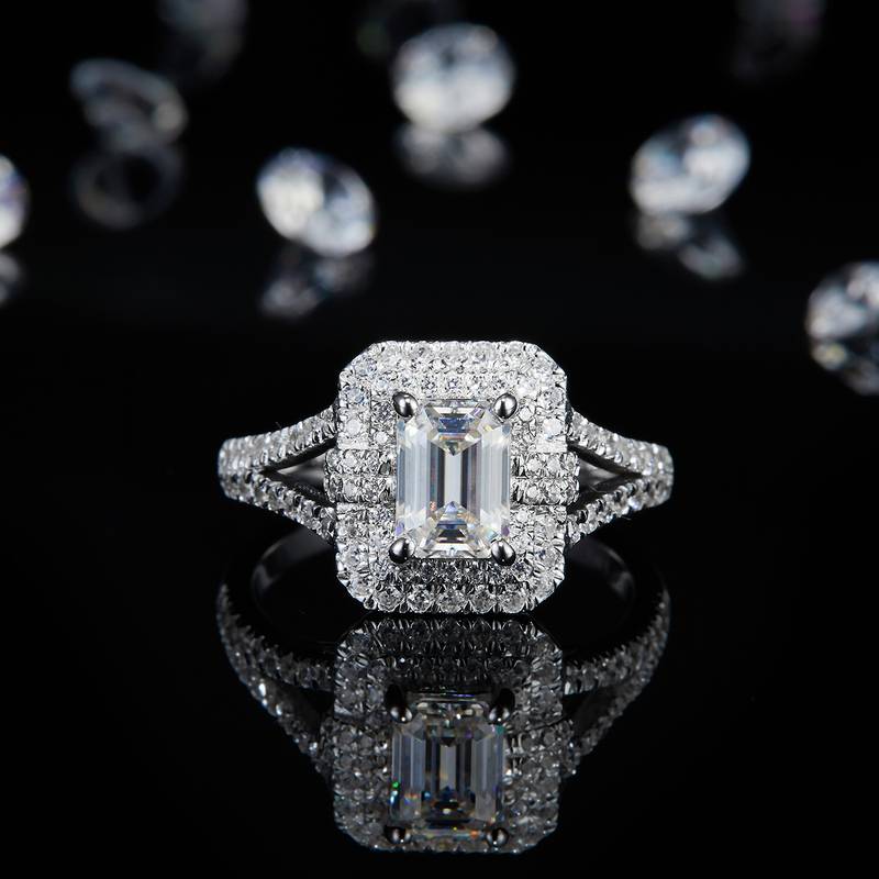 Y形戒臂长方钻Women's RingS925银镀白金定制选款主石Moissanite1.0ct/副石高碳钻