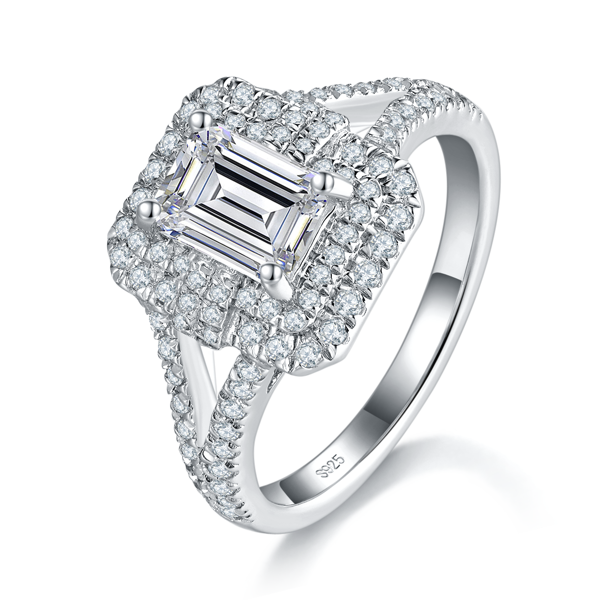 Y-shaped arm rectangular diamond women's ring S925 silver plated platinum custom selection main stone Moissanite 1.0ct/Side Stone Cubic Zirconia