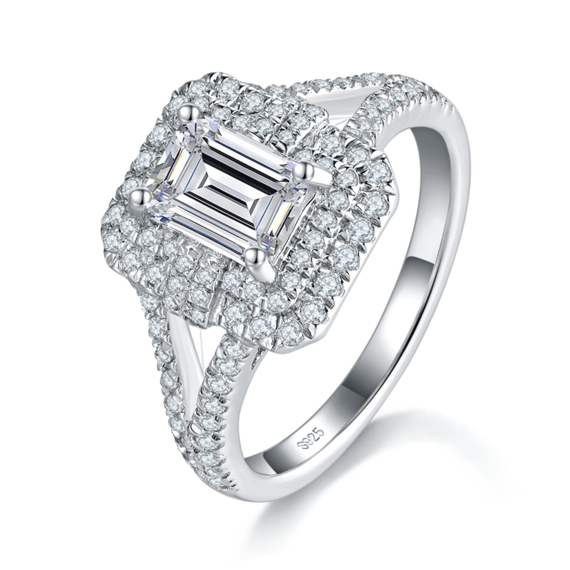 Y形戒臂长方钻Women's RingS925银镀白金定制选款主石Moissanite1.0ct/副石高碳钻
