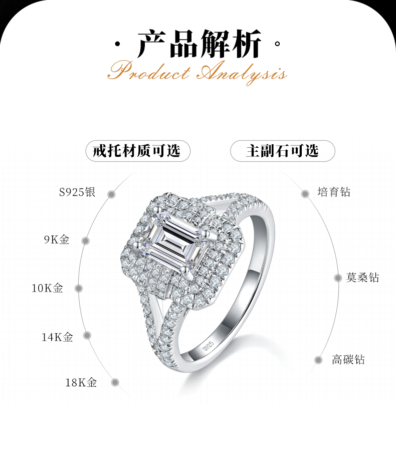 Y形戒臂长方钻女戒S925银镀白金定制选款主石莫桑钻1.0ct/副石高碳钻 - 2