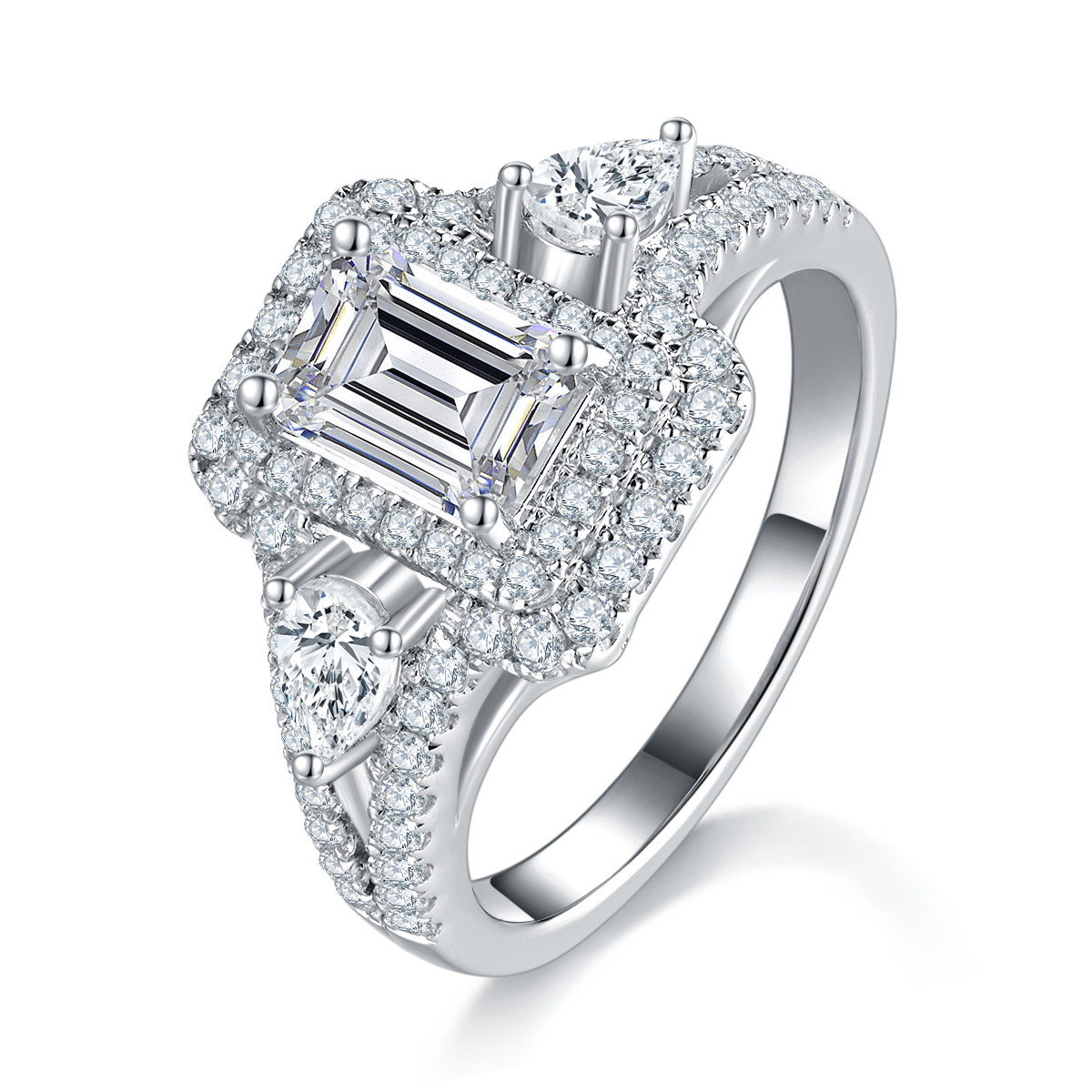 Light luxury rectangular diamond women's ring S925 silver plated platinum custom selection main stone Moissanite 1.0ct/Side Stone Cubic Zirconia