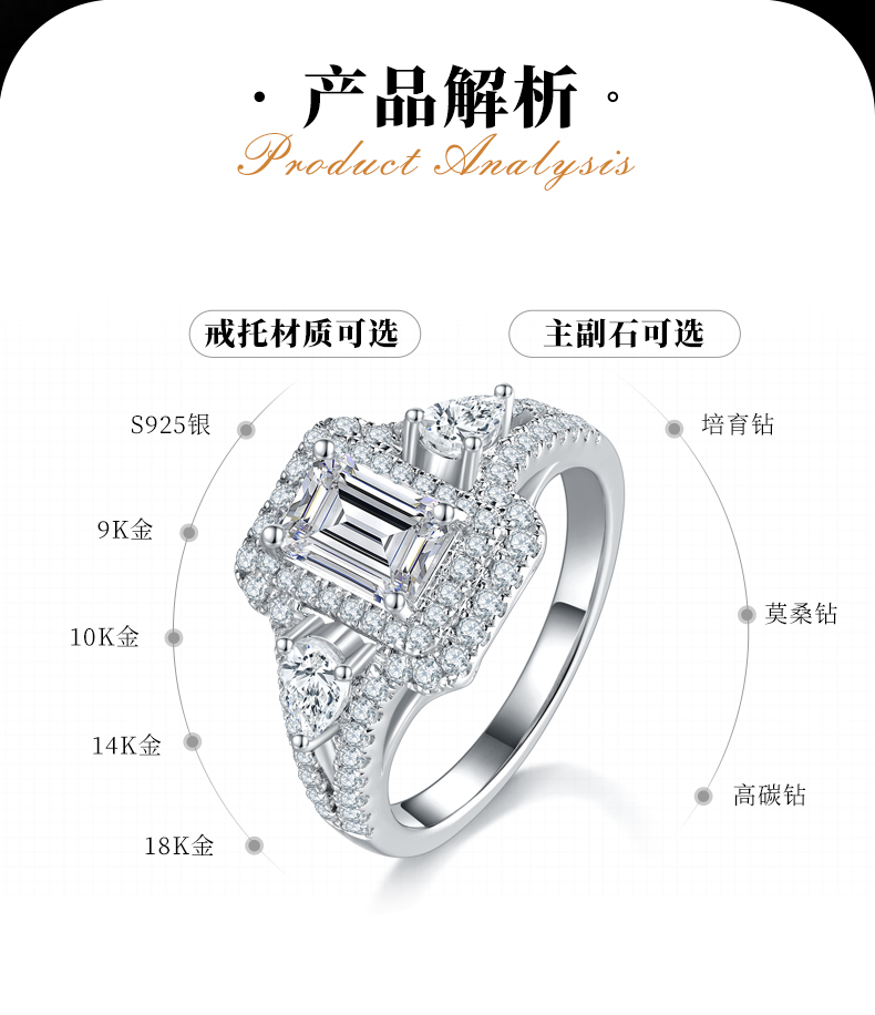 轻奢款长方钻女戒S925银镀白金定制选款主石莫桑钻1.0ct/副石高碳钻 - 2