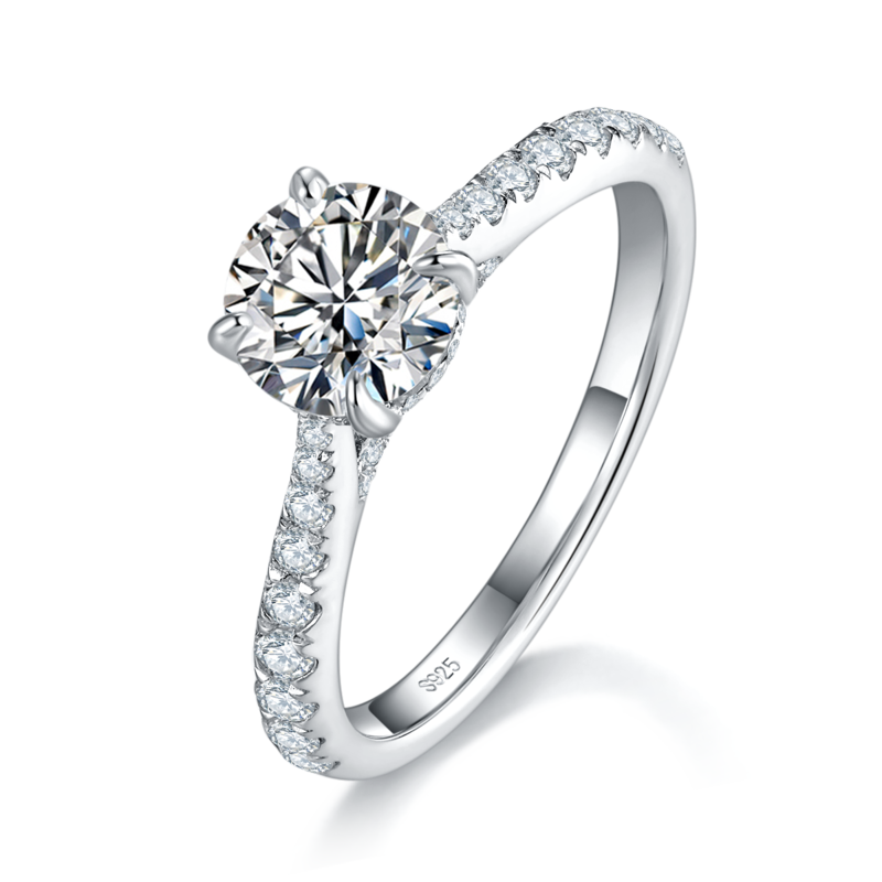 微镶四爪女戒S925银镀白金定制选款主石莫桑钻1.0ct/副石高碳钻
