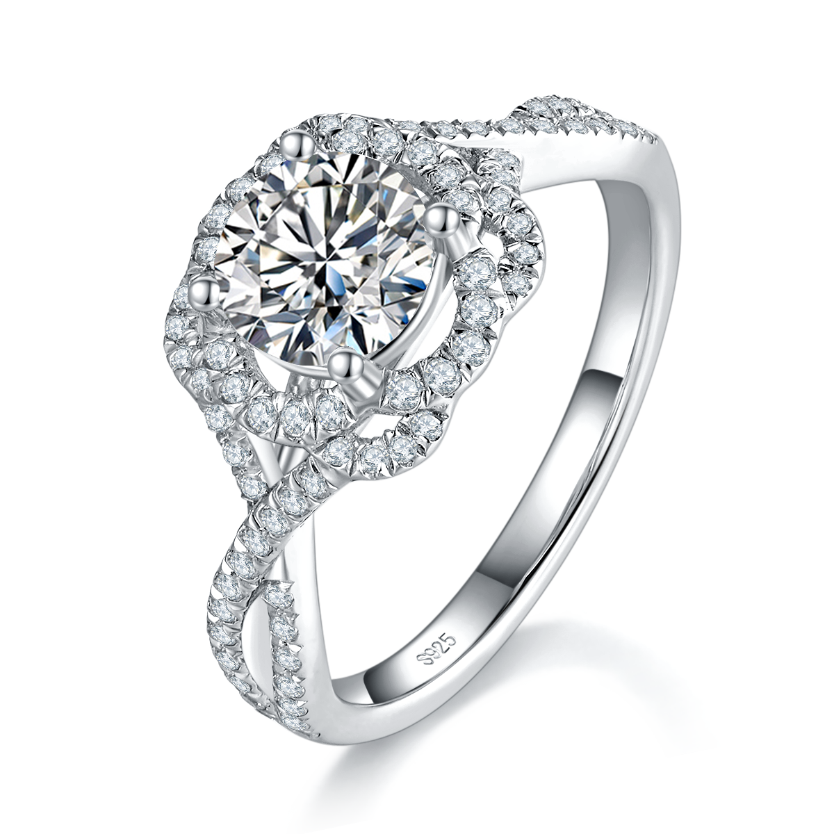 扭臂女戒S925银镀白金定制选款主石莫桑钻1.0ct/副石高碳钻