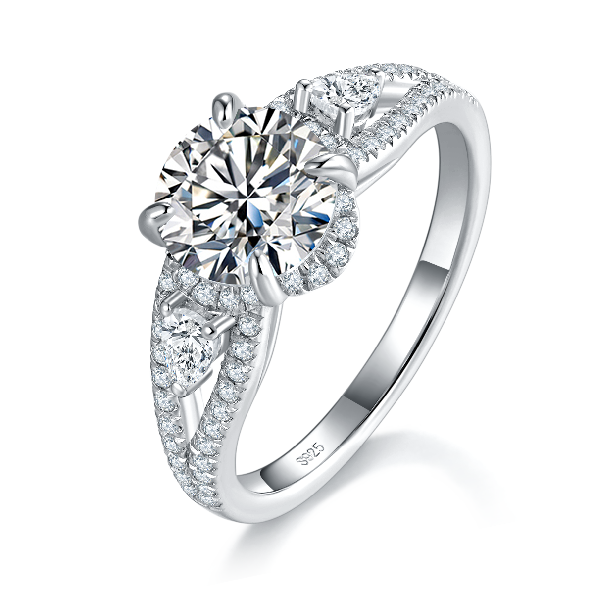 Light Luxury Three Stone Women's Ring S925 Silver Plated Platinum Customized Selection Main Stone Moissanite 1.5ct/Side Stone Cubic Zirconia