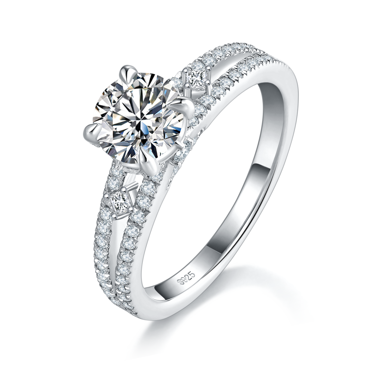 Light Luxury Four Claw Women's Ring S925 Silver Plated Platinum Customized Selection Main Stone Moissanite 1.0ct/Side Stone Cubic Zirconia