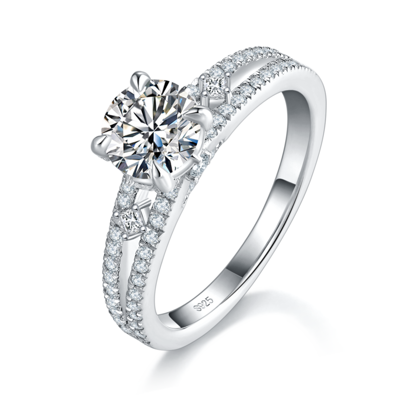 Affordable Luxury四爪Women's RingS925银镀白金定制选款主石Moissanite1.0ct/副石高碳钻