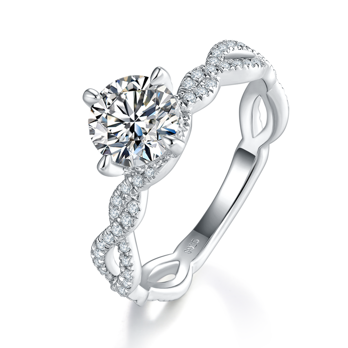 Twisted Arm Micro Inlaid Four Claw Women's Ring S925 Silver Plated Platinum Customized Selection Main Stone Moissanite 1.0ct/Side Stone Cubic Zirconia