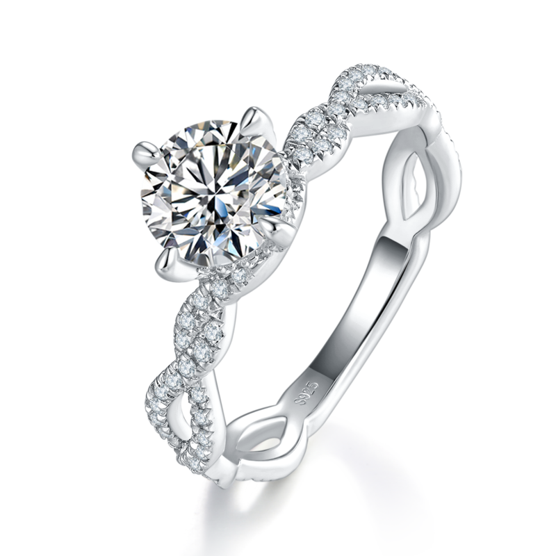 扭臂微镶四爪Women's RingS925银镀白金定制选款主石Moissanite1.0ct/副石高碳钻