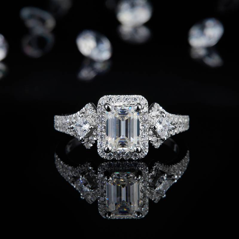长方钻Women's RingS925银镀白金定制选款主石Moissanite1.0ct/副石高碳钻