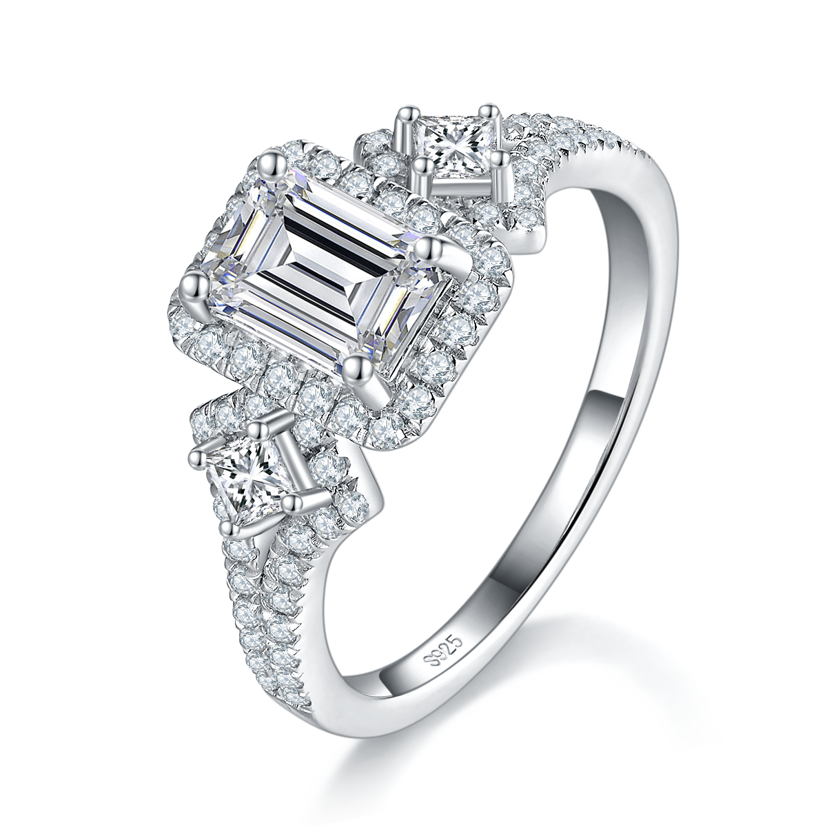 Rectangular Diamond Women's Ring S925 Silver Plated Platinum Customized Selection Main Stone Moissanite 1.0ct/Side Stone Cubic Zirconia