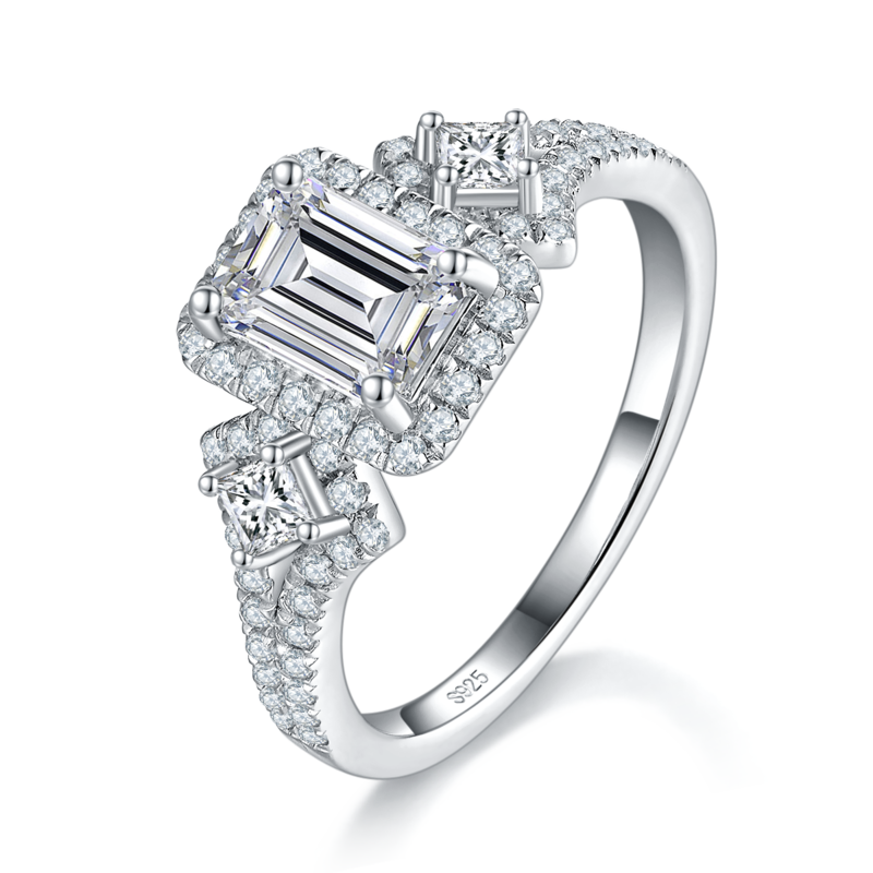 长方钻Women's RingS925银镀白金定制选款主石Moissanite1.0ct/副石高碳钻