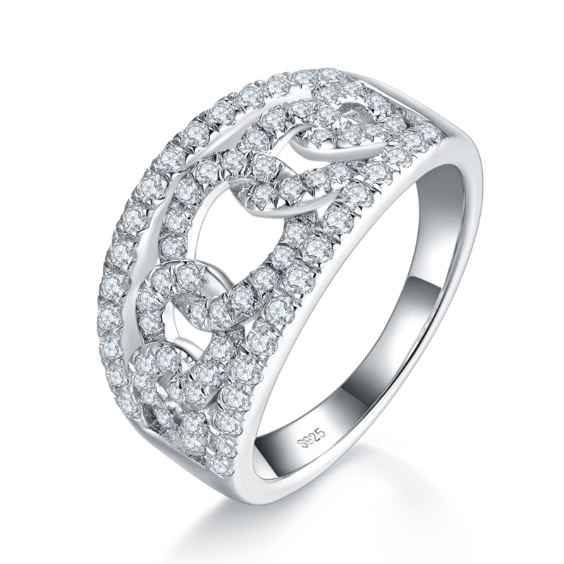 环环相扣满钻排戒S925银镀白金Women's Ring定制选款副石Moissanite0.6ct